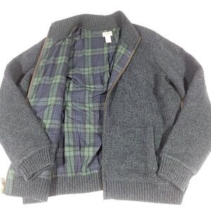 LL Bean Shacket Lambswool Cardigan Sweater XL Blue Green Plaid Flannel Lined